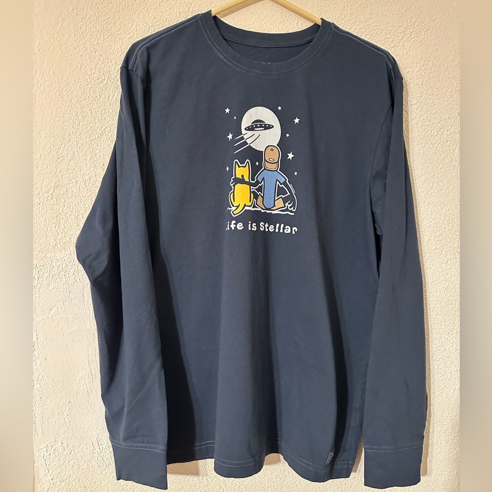 Life Is Good Life Is Stellar Men Long Sleeve Crusher T-Shirt Blue Cotton Size L
